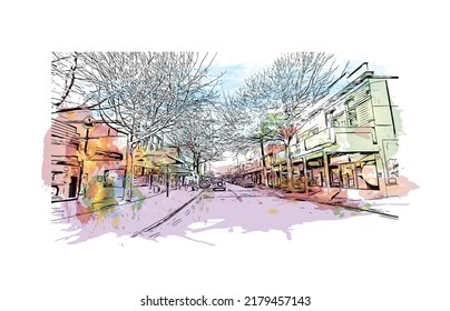 Building view with landmark of Nelson is the 
city in New Zealand. Watercolor splash with hand drawn sketch illustration in vector.
