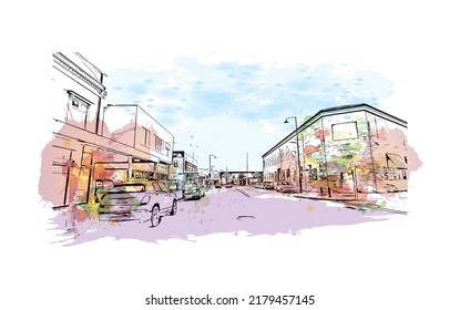 Building view with landmark of Nelson is the 
city in New Zealand. Watercolor splash with hand drawn sketch illustration in vector.