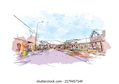 La vista de edificio con un punto de referencia de Nelson es el 
ciudad de Nueva Zelanda. Salto de color de agua con ilustración de esbozo dibujada a mano en vector.