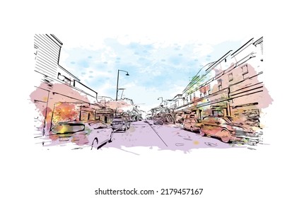 Building view with landmark of Nelson is the 
city in New Zealand. Watercolor splash with hand drawn sketch illustration in vector.