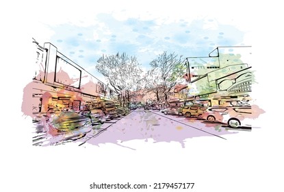 Building view with landmark of Nelson is the 
city in New Zealand. Watercolor splash with hand drawn sketch illustration in vector.