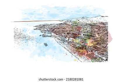 Building view with landmark of Nerja is the 
town in Spain. Watercolor splash with hand drawn sketch illustration in vector.