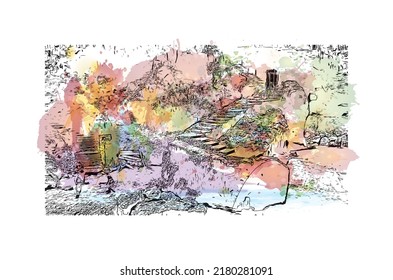 Der Blick auf das Gebäude mit Wahrzeichen von Nerja ist der 
Stadt in Spanien. Aquarellspritzer mit handgezeichneter Skizzengrafik in Vektorgrafik.