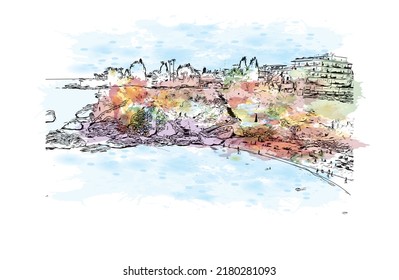 Building view with landmark of Nerja is the 
town in Spain. Watercolor splash with hand drawn sketch illustration in vector.