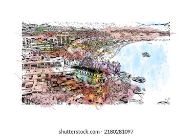 Building view with landmark of Nerja is the 
town in Spain. Watercolor splash with hand drawn sketch illustration in vector.