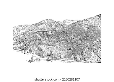 Building view with landmark of Nerja is the 
town in Spain. Hand drawn sketch illustration in vector.