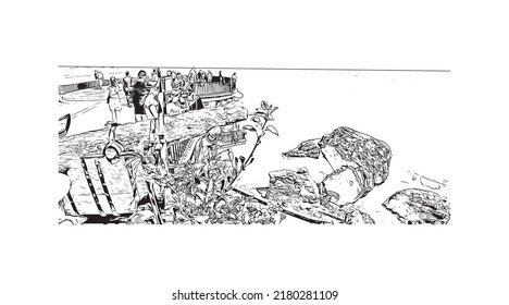 Building view with landmark of Nerja is the 
town in Spain. Hand drawn sketch illustration in vector.