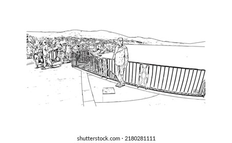 Building view with landmark of Nerja is the 
town in Spain. Hand drawn sketch illustration in vector.