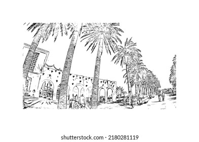 Building view with landmark of Nerja is the 
town in Spain. Hand drawn sketch illustration in vector.