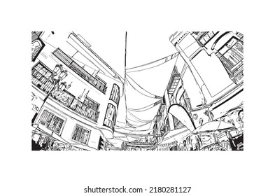 Building view with landmark of Nerja is the 
town in Spain. Hand drawn sketch illustration in vector.