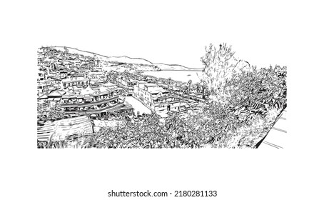 Building view with landmark of Nerja is the 
town in Spain. Hand drawn sketch illustration in vector.