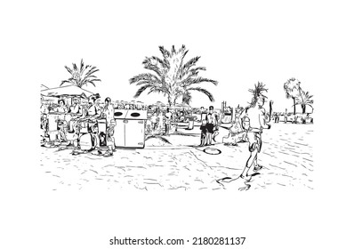 Building view with landmark of Nerja is the 
town in Spain. Hand drawn sketch illustration in vector.
