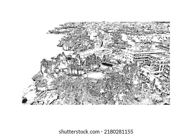 Building view with landmark of Nerja is the 
town in Spain. Hand drawn sketch illustration in vector.