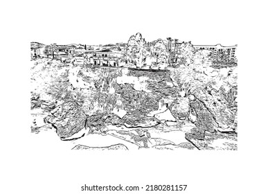 Building view with landmark of Nerja is the 
town in Spain. Hand drawn sketch illustration in vector.