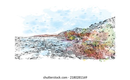 Building view with landmark of Nerja is the 
town in Spain. Watercolor splash with hand drawn sketch illustration in vector.