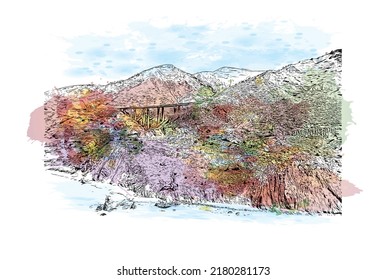 Building view with landmark of Nerja is the 
town in Spain. Watercolor splash with hand drawn sketch illustration in vector.