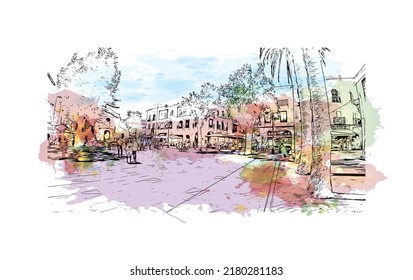 Building view with landmark of Nerja is the 
town in Spain. Watercolor splash with hand drawn sketch illustration in vector.