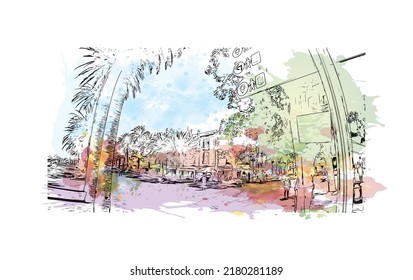 Building view with landmark of Nerja is the 
town in Spain. Watercolor splash with hand drawn sketch illustration in vector.
