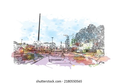 Building view with landmark of Netanya is the 
city in Israel.  Watercolor splash with hand drawn sketch illustration in vector.