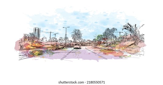 Building view with landmark of Netanya is the 
city in Israel.  Watercolor splash with hand drawn sketch illustration in vector.