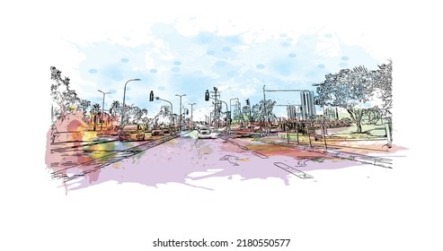 Building view with landmark of Netanya is the 
city in Israel.  Watercolor splash with hand drawn sketch illustration in vector.