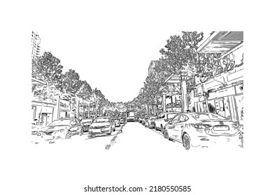 Building view with landmark of Netanya is the 
city in Israel.  Hand drawn sketch illustration in vector.