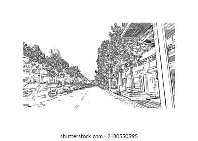Building view with landmark of Netanya is the 
city in Israel.  Hand drawn sketch illustration in vector.