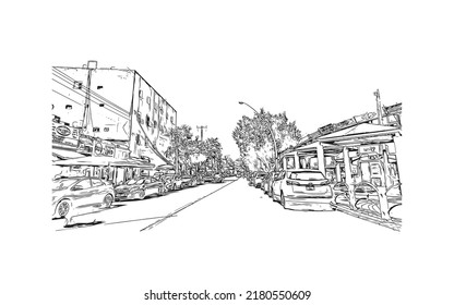 Building view with landmark of Netanya is the 
city in Israel.  Hand drawn sketch illustration in vector.