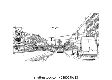 Building view with landmark of Netanya is the 
city in Israel.  Hand drawn sketch illustration in vector.