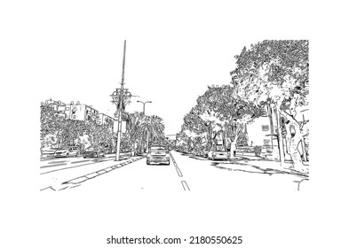 Building view with landmark of Netanya is the 
city in Israel.  Hand drawn sketch illustration in vector.