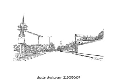 Building view with landmark of Netanya is the 
city in Israel.  Hand drawn sketch illustration in vector.