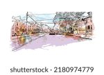 Building view with landmark of New Haven is the 
city in Connecticut. Watercolor splash with hand drawn sketch illustration in vector.