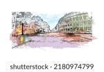 Building view with landmark of New Haven is the 
city in Connecticut. Watercolor splash with hand drawn sketch illustration in vector.