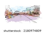 Building view with landmark of New Haven is the 
city in Connecticut. Watercolor splash with hand drawn sketch illustration in vector.