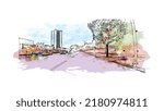 Building view with landmark of New Haven is the 
city in Connecticut. Watercolor splash with hand drawn sketch illustration in vector.