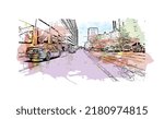 Building view with landmark of New Haven is the 
city in Connecticut. Watercolor splash with hand drawn sketch illustration in vector.