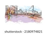 Building view with landmark of New Haven is the 
city in Connecticut. Watercolor splash with hand drawn sketch illustration in vector.