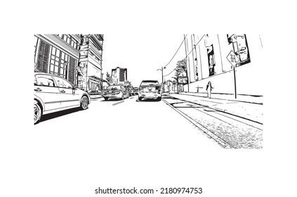 Construir vistas con un punto de referencia en New Haven es el 
ciudad de Connecticut. Dibujo a mano de ilustración de esbozo en vector.