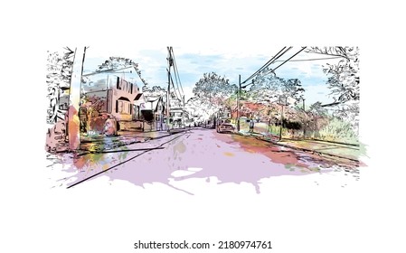 Building view with landmark of New Haven is the 
city in Connecticut. Watercolor splash with hand drawn sketch illustration in vector.