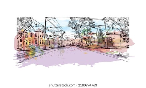 Building view with landmark of New Haven is the 
city in Connecticut. Watercolor splash with hand drawn sketch illustration in vector.