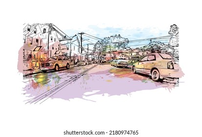 Building view with landmark of New Haven is the 
city in Connecticut. Watercolor splash with hand drawn sketch illustration in vector.