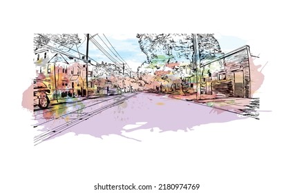 Building view with landmark of New Haven is the 
city in Connecticut. Watercolor splash with hand drawn sketch illustration in vector.