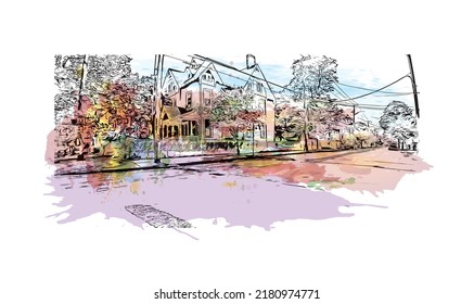 Building view with landmark of New Haven is the 
city in Connecticut. Watercolor splash with hand drawn sketch illustration in vector.