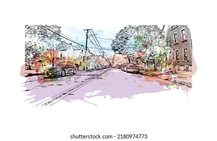 Building view with landmark of New Haven is the 
city in Connecticut. Watercolor splash with hand drawn sketch illustration in vector.