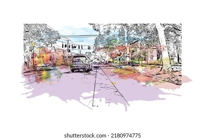 Construir vistas con un punto de referencia en New Haven es el 
ciudad de Connecticut. Salto de color de agua con ilustración de esbozo dibujada a mano en vector.
