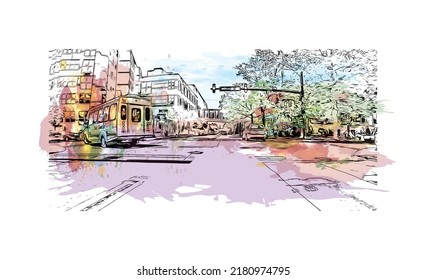 Construir vistas con un punto de referencia en New Haven es el 
ciudad de Connecticut. Salto de color de agua con ilustración de esbozo dibujada a mano en vector.