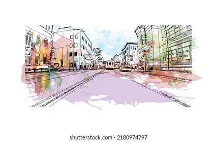 Construir vistas con un punto de referencia en New Haven es el 
ciudad de Connecticut. Salto de color de agua con ilustración de esbozo dibujada a mano en vector.