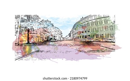 Construir vistas con un punto de referencia en New Haven es el 
ciudad de Connecticut. Salto de color de agua con ilustración de esbozo dibujada a mano en vector.