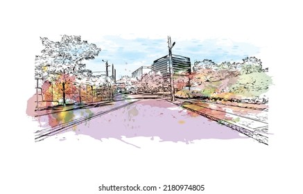 Construir vistas con un punto de referencia en New Haven es el 
ciudad de Connecticut. Salto de color de agua con ilustración de esbozo dibujada a mano en vector.