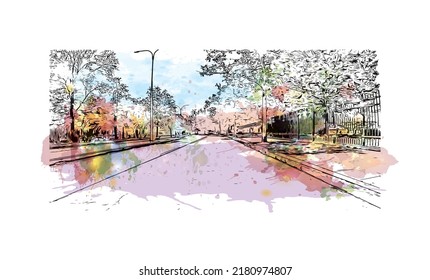 Building view with landmark of New Haven is the 
city in Connecticut. Watercolor splash with hand drawn sketch illustration in vector.